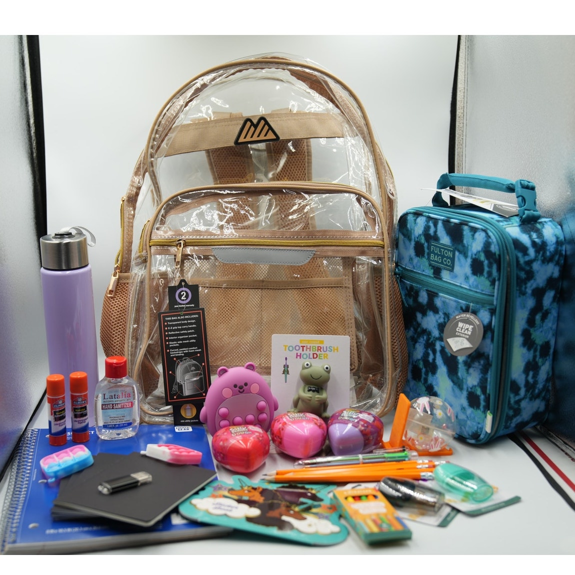 Clear Back-To-School Bundle | Tan Transparent Backpack + Blue Fulton Lunchbox